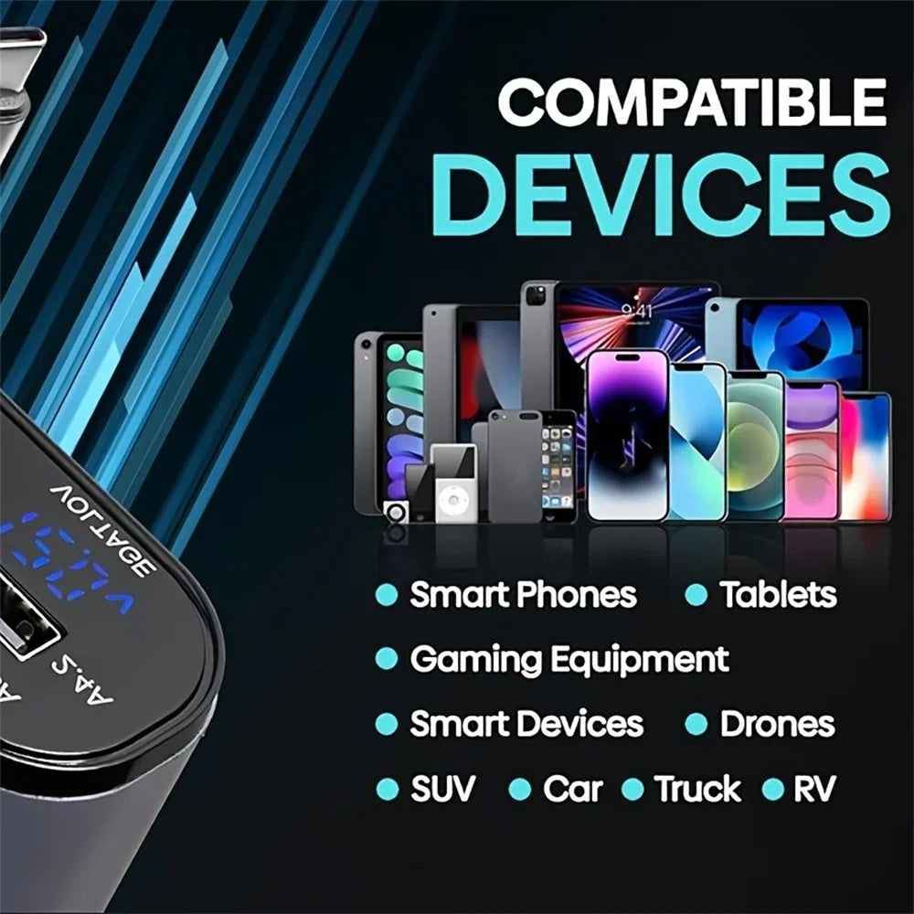 VoltRush™ 4-in-1 Retractable Car Charger – Fast Power, Zero Clutter